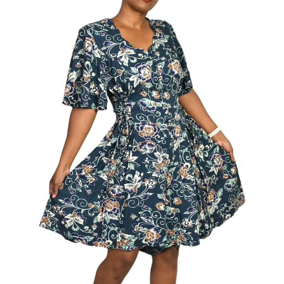 Vintage Floral Romper Green Rayon Playsuit Adjustable Corset Waist Plus Size 14 - Picture 16 of 16